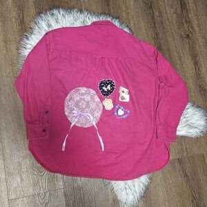 Pink Button-Up Shirt with Vintage Style Embroidered Patchwork